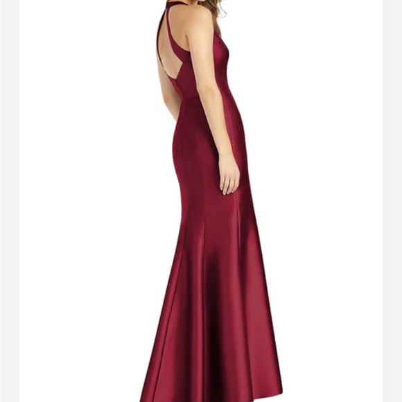ALFRED SUNG v neck halter satin trumpet grown in Deep Red Maxi Dress - Picture 2 of 13